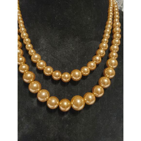 Pearl Necklace Faux Golden Tan 21" Double strand Necklace 3.2oz - Picture 2 of 3
